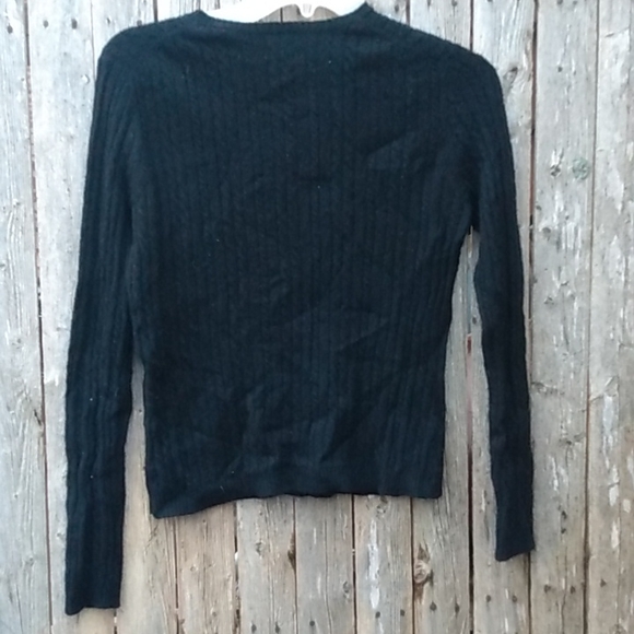 Sexy BLACK PETITE LARGE 100% CASHMERE V NECK RIBBED SWEATER VALERIE STEVENS - Picture 5 of 6